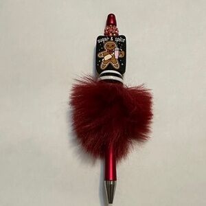 Red Fluffy Pen with Gingerbread Charm